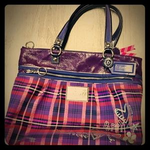 COACH POPPY Purple Plaid Glam Large Tote Bag